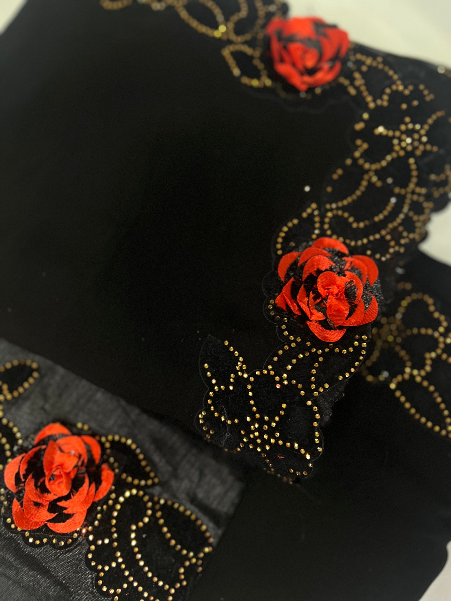 Red Rose Border Black Chiffon