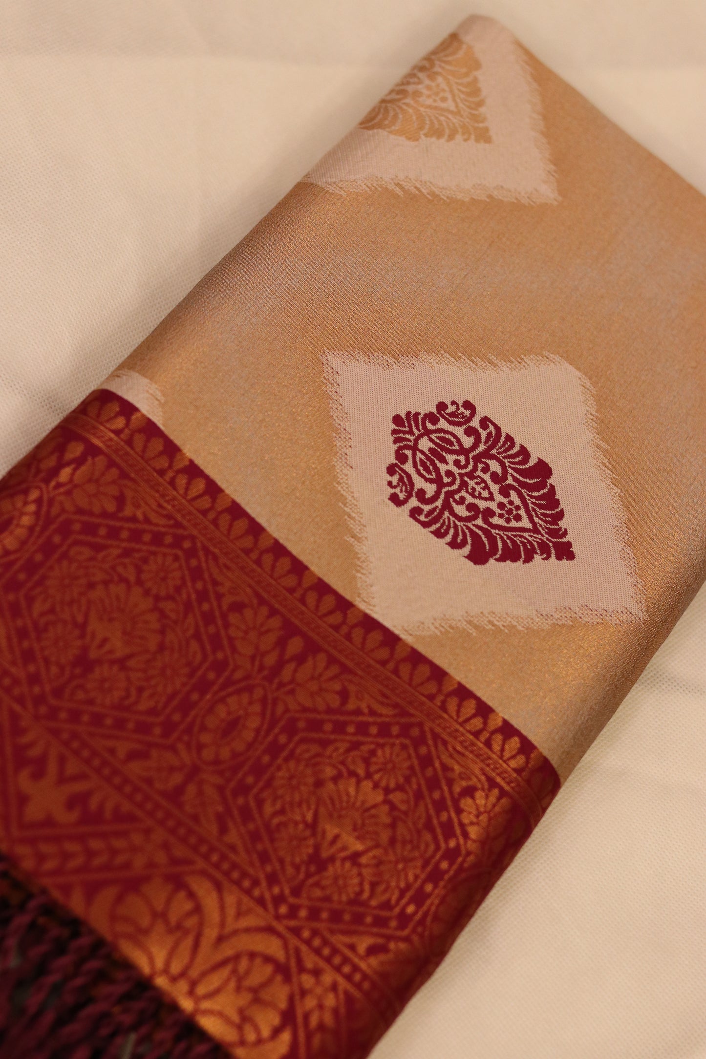 Rose Gold Soft Silk Saree with Burgundy Border