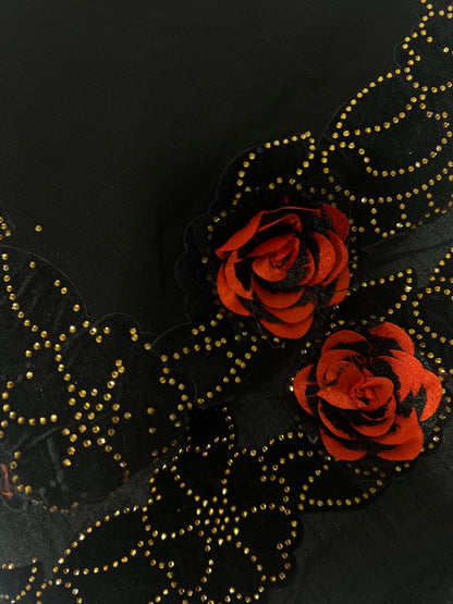 Red Rose Border Black Chiffon