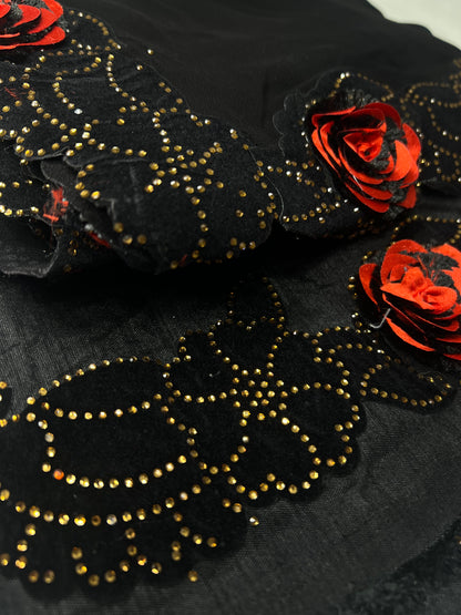 Red Rose Border Black Chiffon