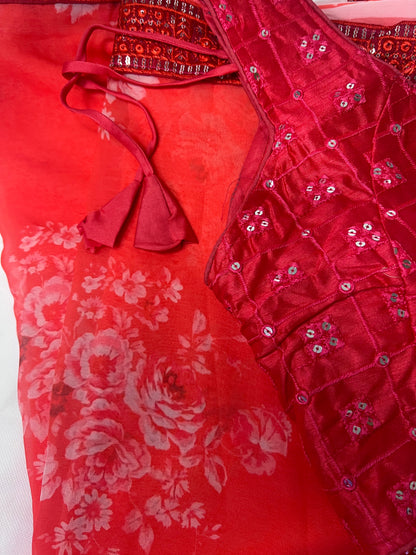 Red Floral Print Saree